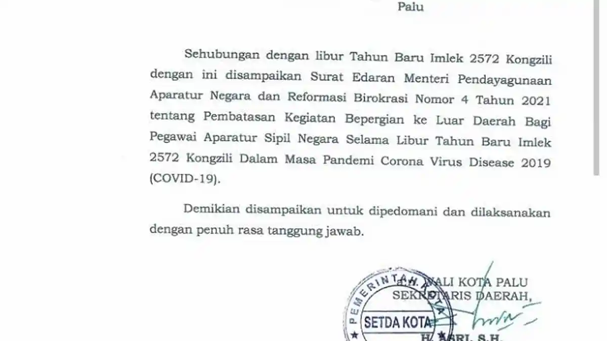 Libur Tahun Baru Imlek, ASN di Kota Palu Dilarang Keluar Daerah