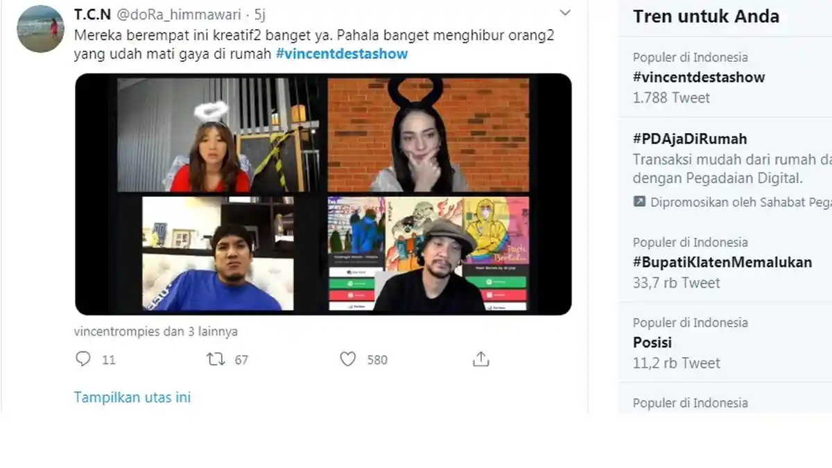 Vincent dan Desta Show Muncul Lagi, Kali Ini Via Online dan Langsung Trending, Ngobrol dengan Onad