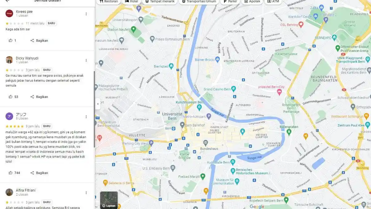 Anak Ridwan Kamil Hilang, Warganet Serbu Review Google Maps Sungai Aare Swiss: Bintang 1