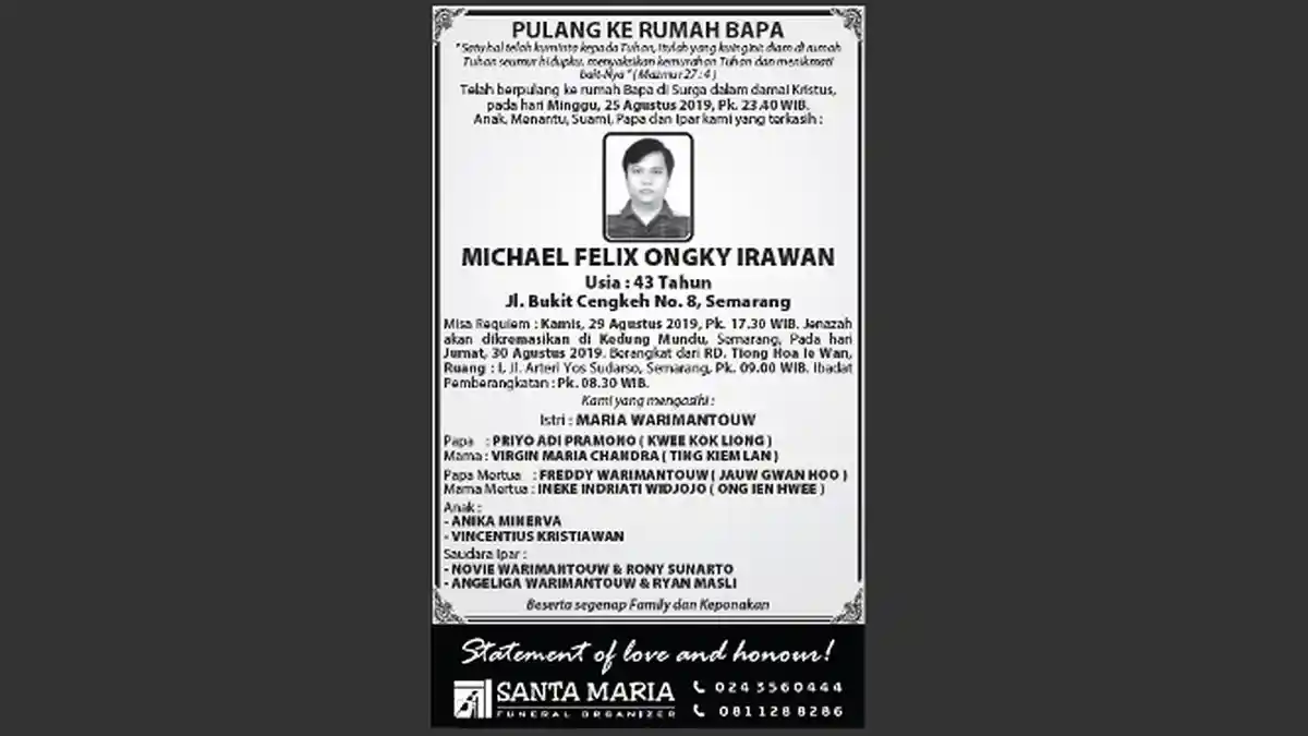Berita Duka, Michael Felix Ongky Irawan Meninggal di Semarang