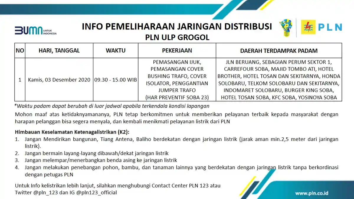Info Pemeliharaan Jaringan PLN ULP Grogol Sukoharjo Kamis 3 Desember 2020