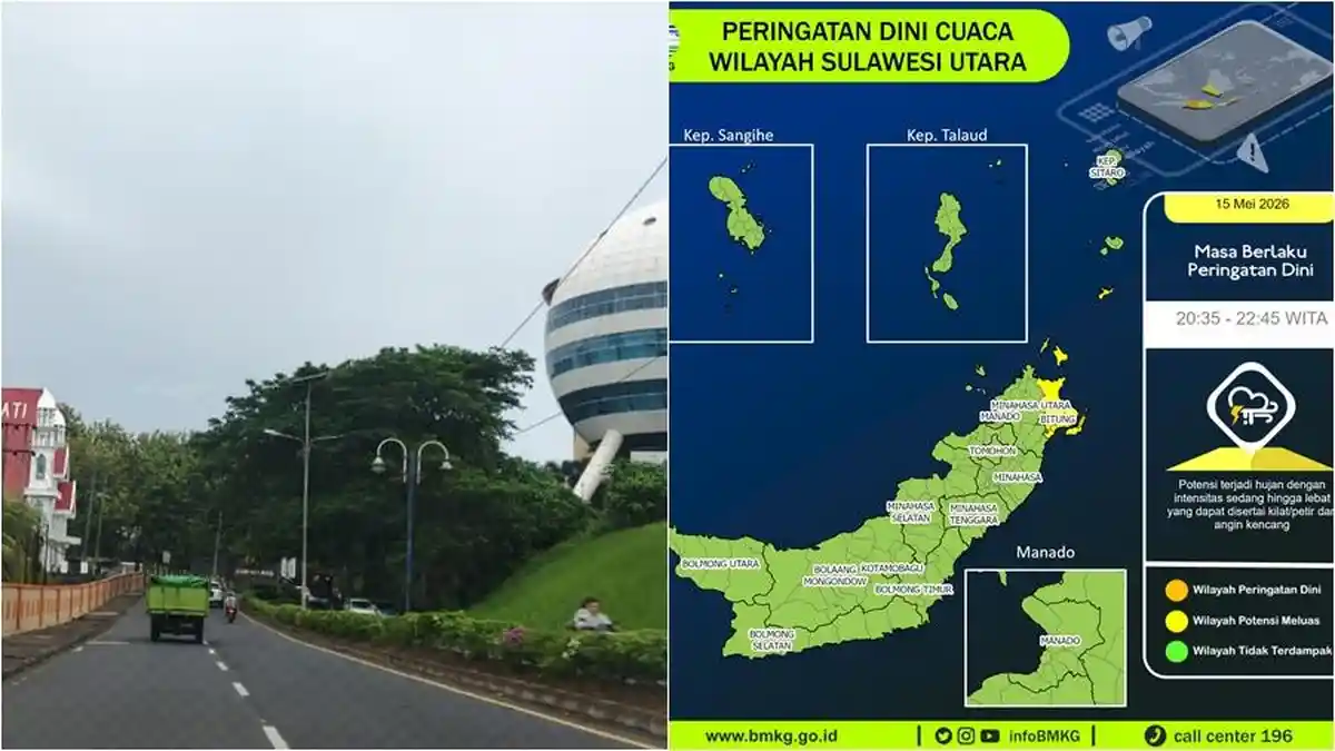 Info BMKG Cuaca di Sulut Malam ini Jumat 15 Mei 2026, Peringatan Dini Waspada Hujan