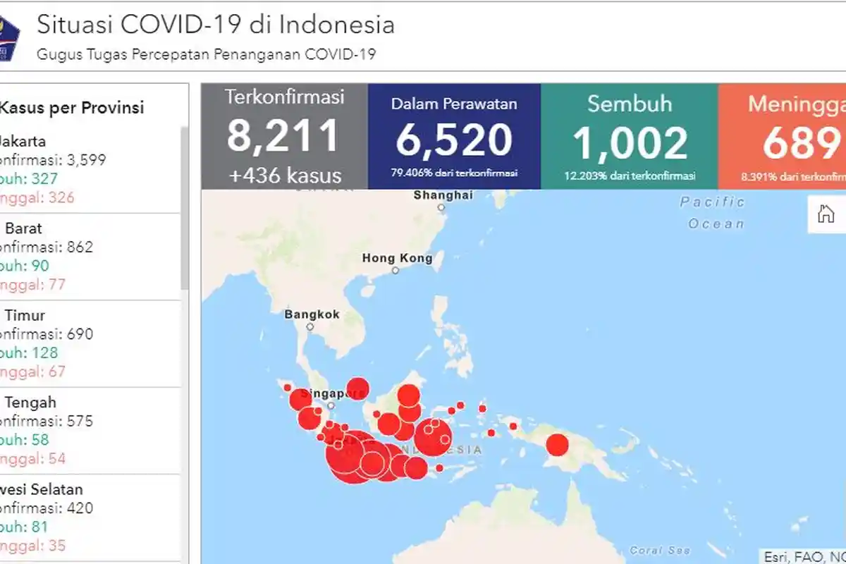 UPDATE Sepuluh Besar Provinsi di Indonesia dengan Jumlah Pasien Positif Virus Corona Terbanyak