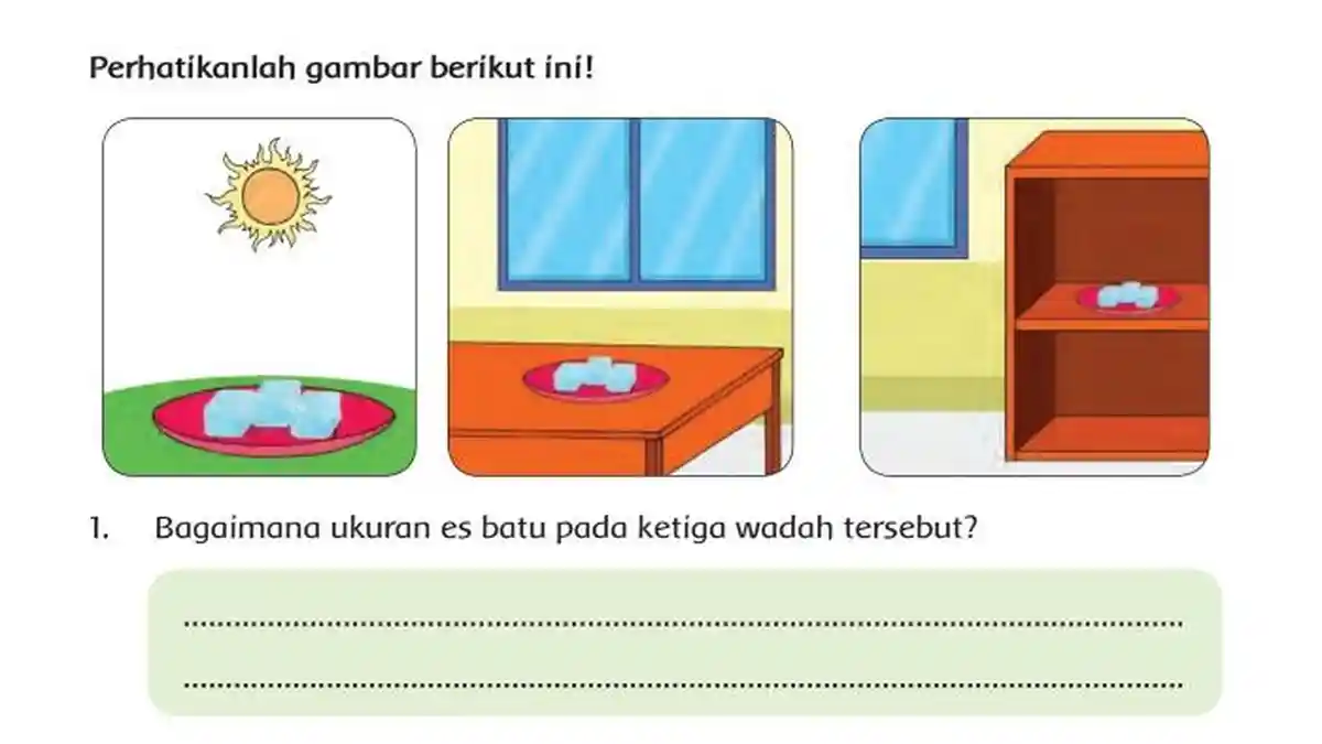 Manakah Es Batu yang Akan Mencair Terlebih Dulu? Buku Tema 6 Kelas 5 SD Halaman 8