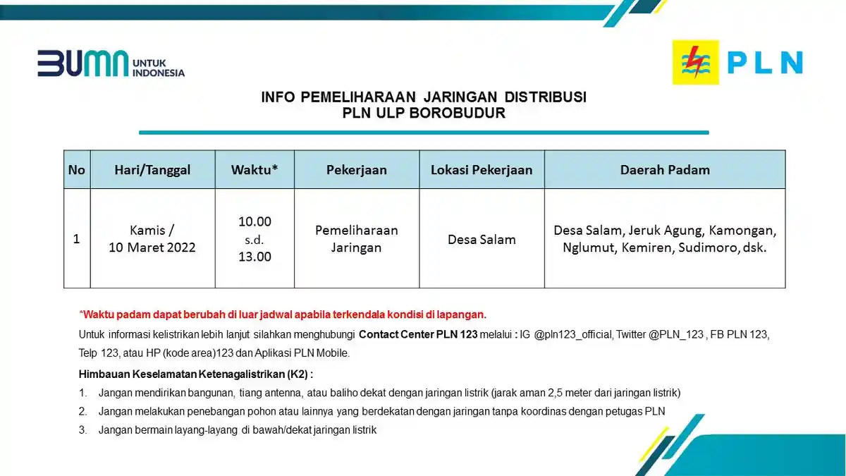 Info Pemeliharaan Jaringan Listrik PLN ULP Borobudur Magelang Kamis 10 Maret 2022
