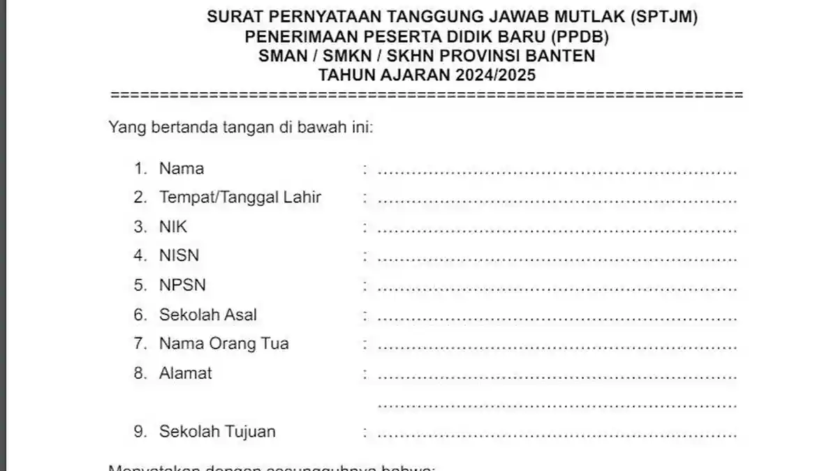 Ini Link Download Surat Pernyataan Tanggung Jawab Mutlak atau SPTJM PPDB Banten 2024 SMA, SMK, SKh