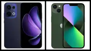 Oppo-Reno13-5G-warna-Luminous-Blue-vs-iPhone-13-warna-Green.jpg