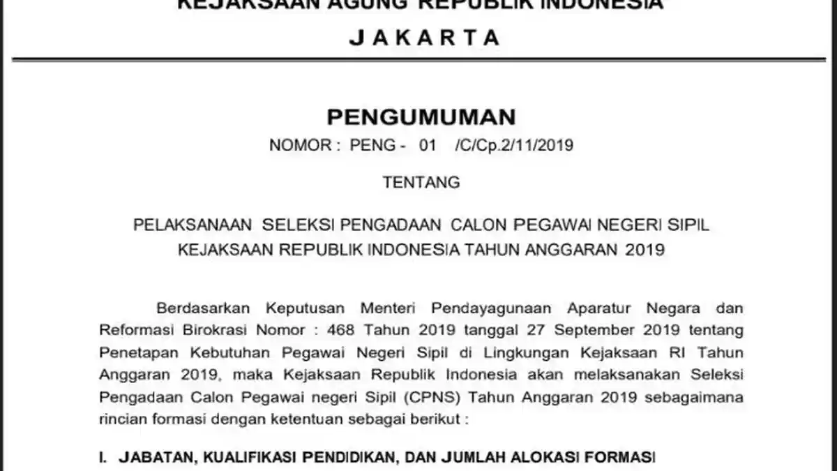 Formasi CPNS 2019: Kejaksaan RI Buka 5.203 Lowongan, Berikut Link Download PDF-nya