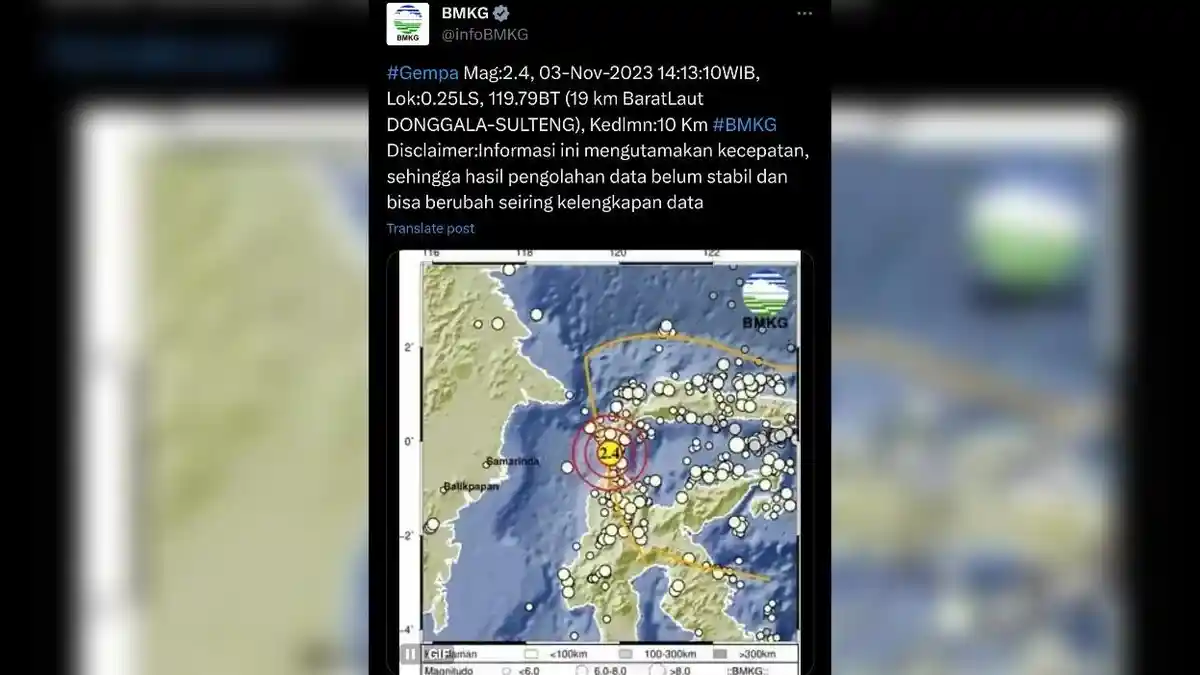 Info Gempa Hari Ini Jumat 3 November 2023, BMKG: di Donggala Sulteng, 2,4 Magnitudo