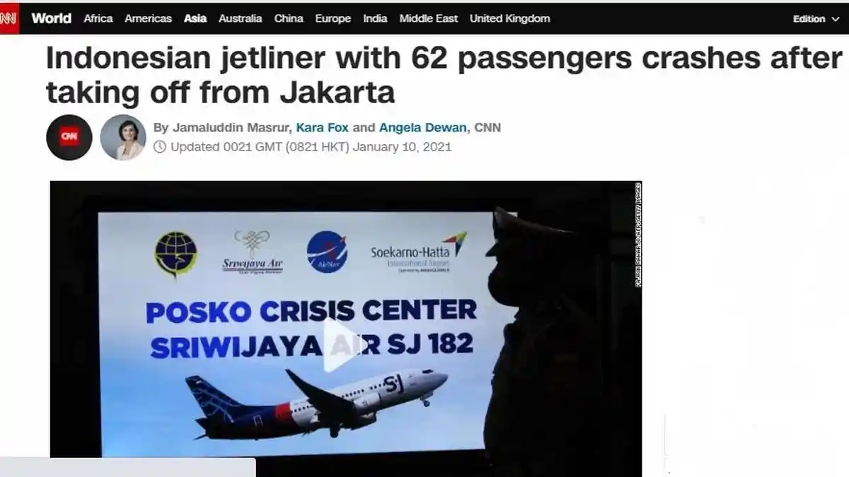 Media Asing Ikut Soroti Pesawat Sriwijaya Air yang Jatuh