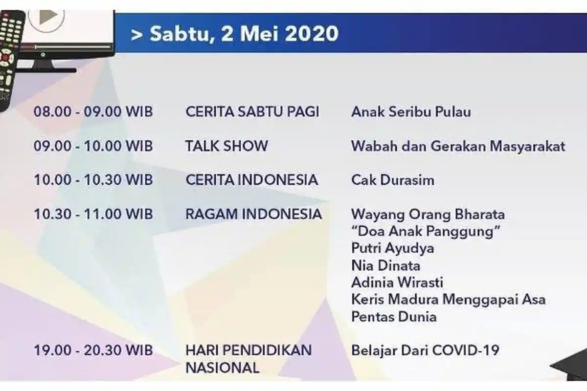 JADWAL LENGKAP Program Belajar dari Rumah, 2 Mei 2020: Bertepatan dengan Hari Pendidikan Nasional